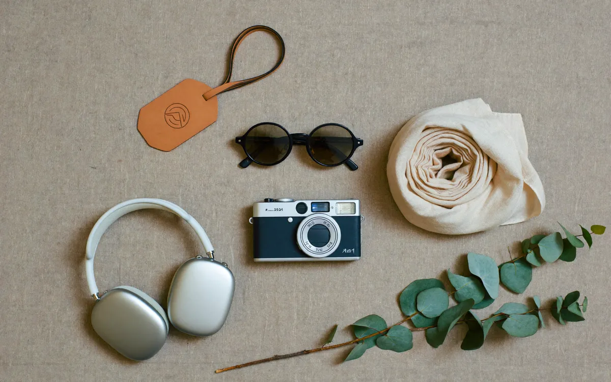 Accessoires de voyage à offrir : étiquette de bagage, appareil photo, écharpe et casque