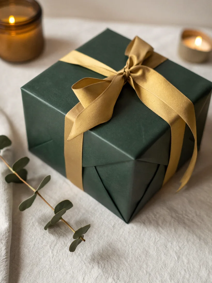 Coffret cadeau vert profond noué d'un ruban doré, sur une table chaleureuse