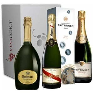 Coffret Champagne 3 Bouteilles, R de Ruinart, Taittinger, Mumm