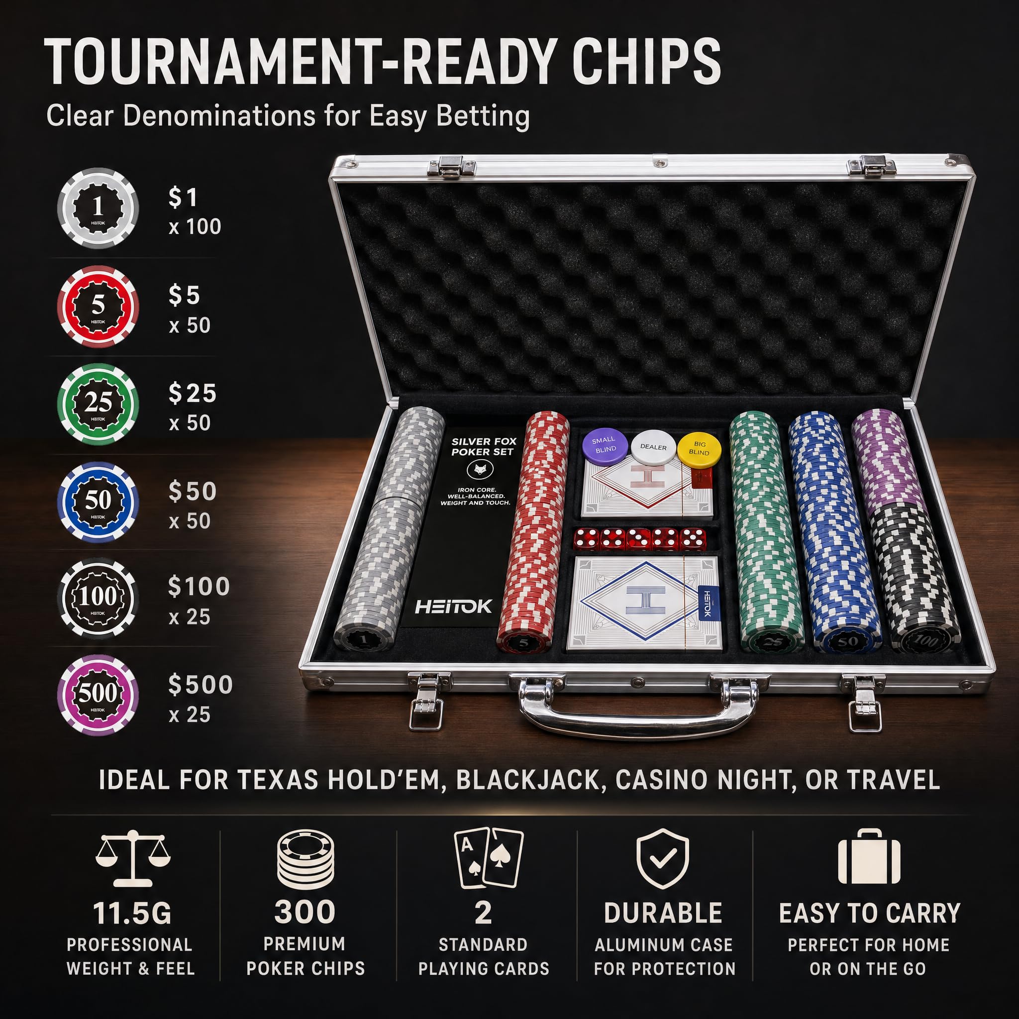 Mallette de Poker AutoCadeau Professionnelle 300 Jetons Numérotés 11,5g avec Insert Métal – Image 3